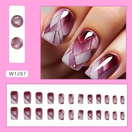 24Pcs Square Press on Nails Medium Fake Nails with Glossy Full Cover style6
