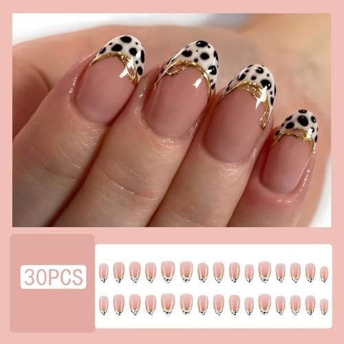 French Tip Press on Nails Short Almond Fake Nails Cow Pattern False Nails A12