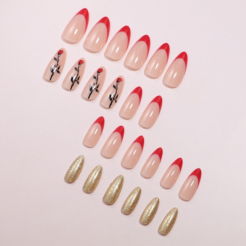 24Pcs Valentines Day Press On Nail Medium Almond French Tips for Any Occasion