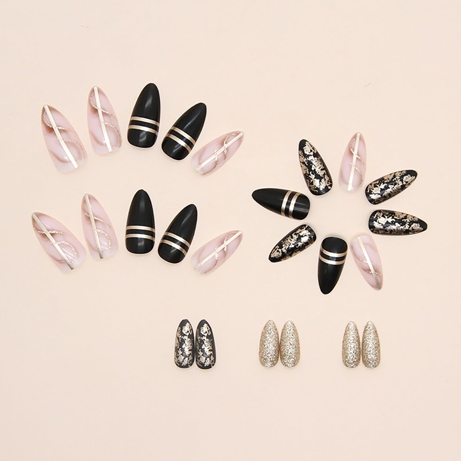 Black French Tip Press on Nails Almond Medium Artificial Acrylic Fake Nails w…