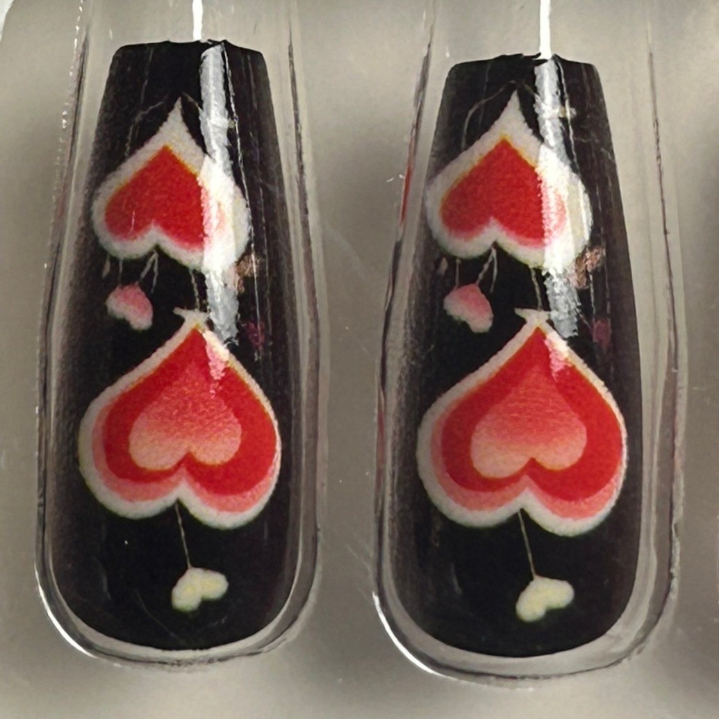 24Pc Glossy Heart Rose Press On Nails Coffin Ballerina Full Cover Reusable