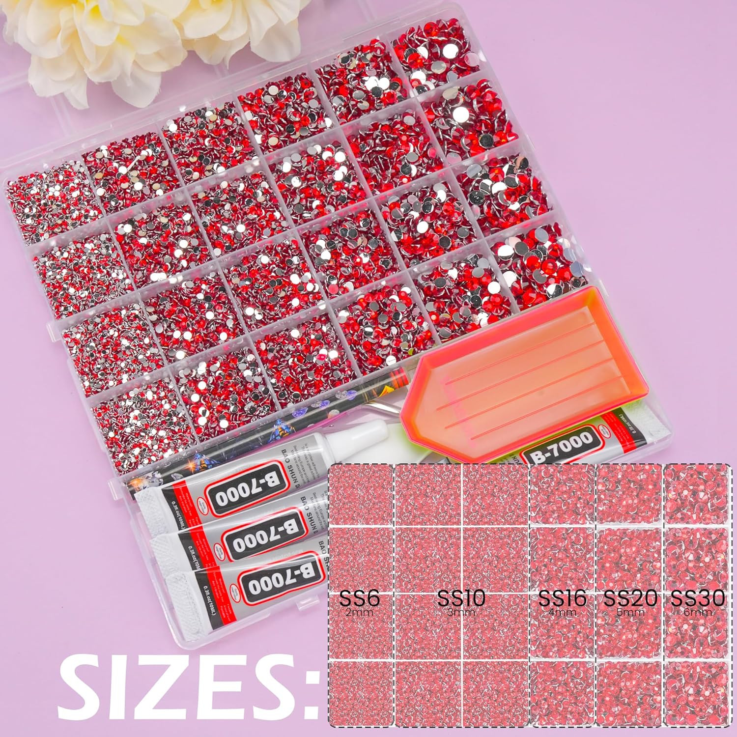 35000PCS Red Rhinestones for Bedazzling 2/3/4/5/6Mm, Bedazzler Kit with Rhinesto