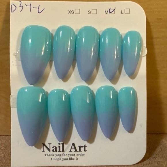 Teal Periwinkle Ombre Press On Nails Almond Shape Glossy Gradient Medium Size