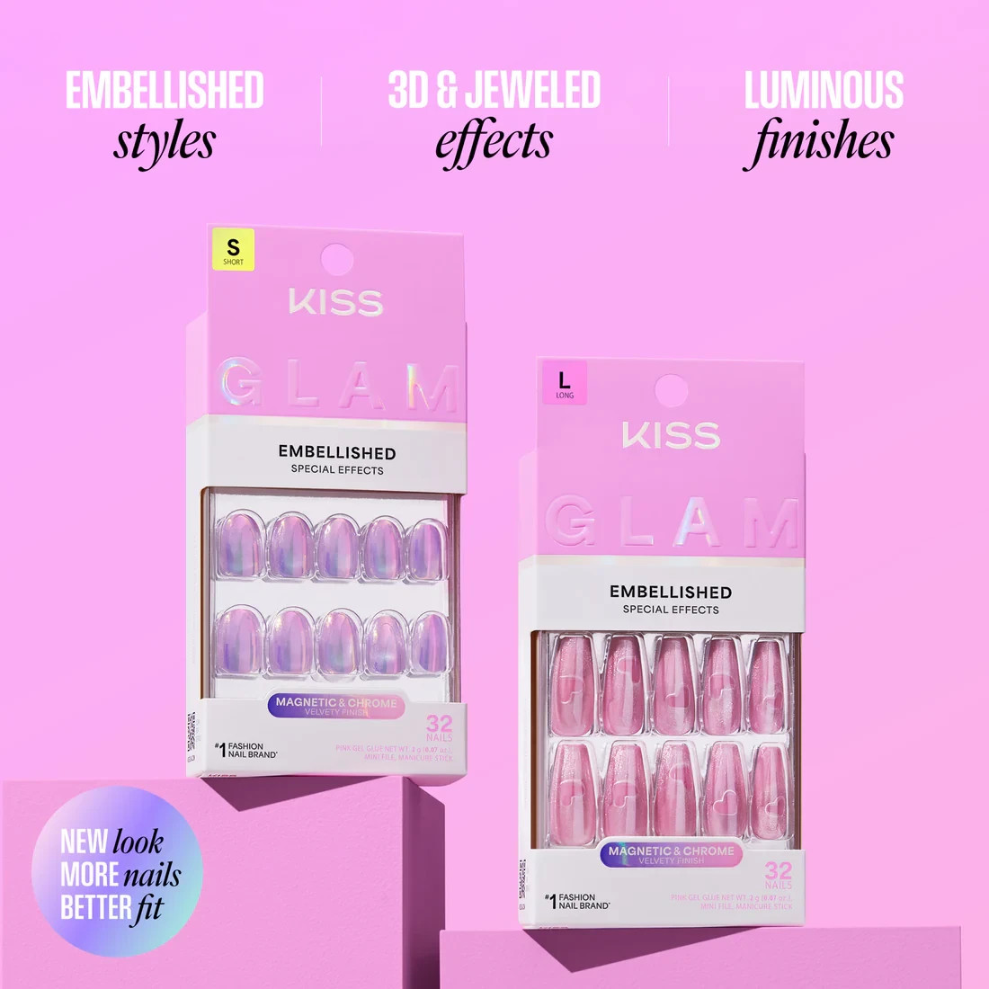KISS 32 GLUE ON NAILS GLAM EMBELISHED SPECIAL EFFECT CRYSTAL POP MED ALMOND