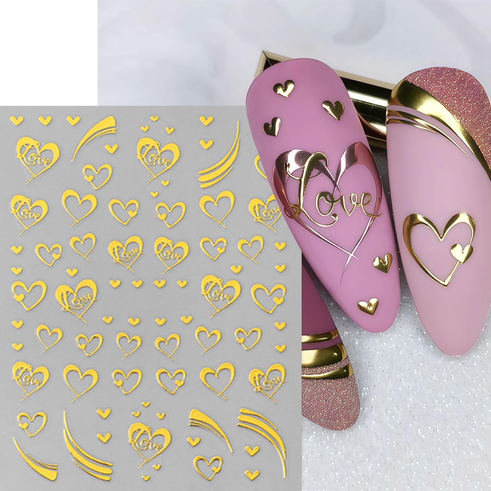 8Sheets Valentines Day Heart Nail Art Stickers Metallic Heart Nail Decals Min…