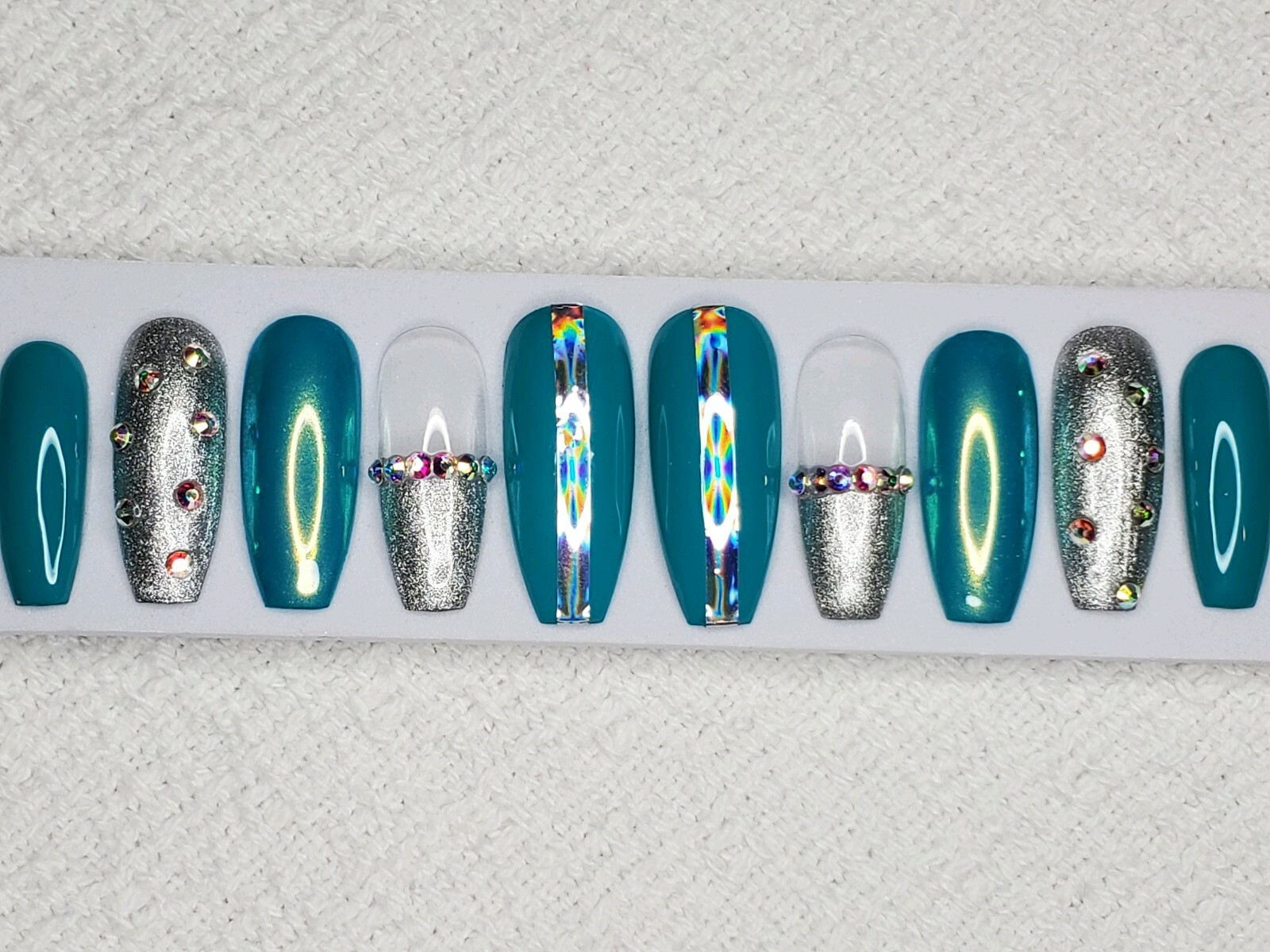 Teal & silver bling chrome holographic Press On nails long coffin turquoise blue