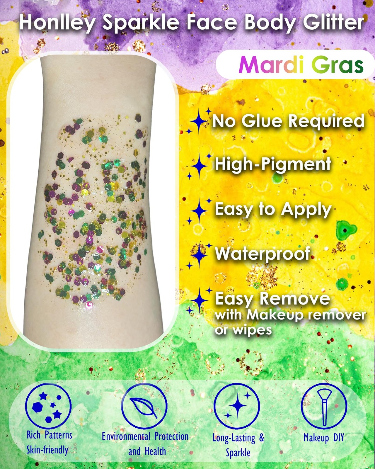 Mardi Gras Face Body Glitter Gel for Women – Gold Green Purple Mixed Chunky H…