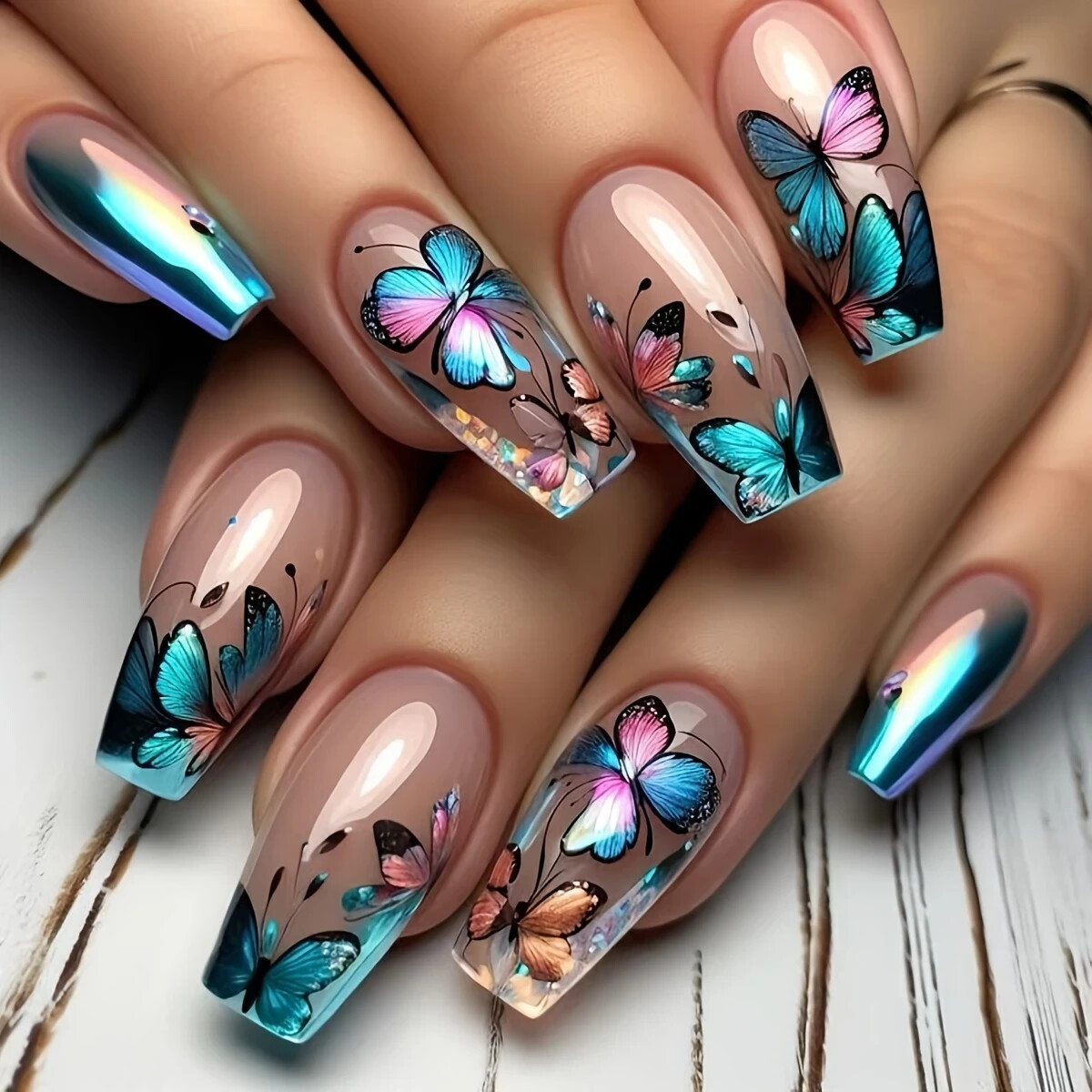 24pcs Ballet Press-On Nails, Medium Length, Glossy, Colorful Butterfly Design