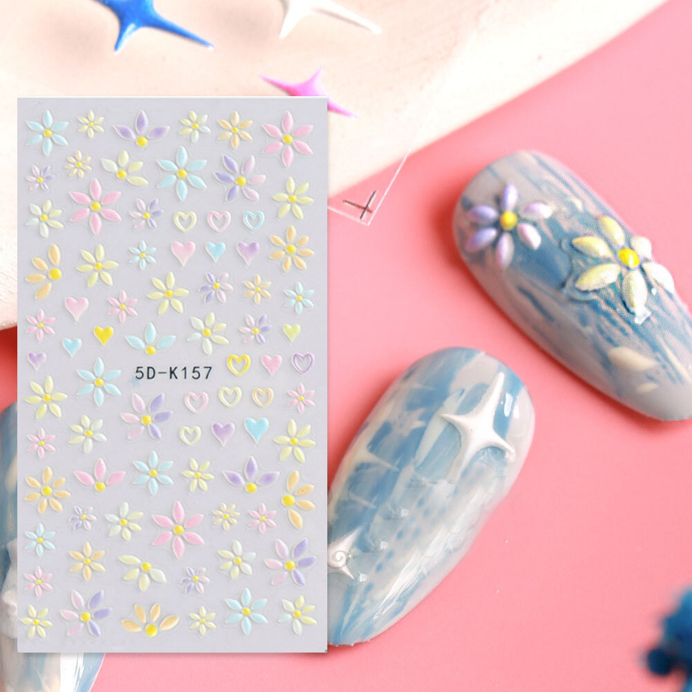 5D Nail Stickers Embossed Daisy Flower Bride Decals Nail Art Decoration DIY Chic