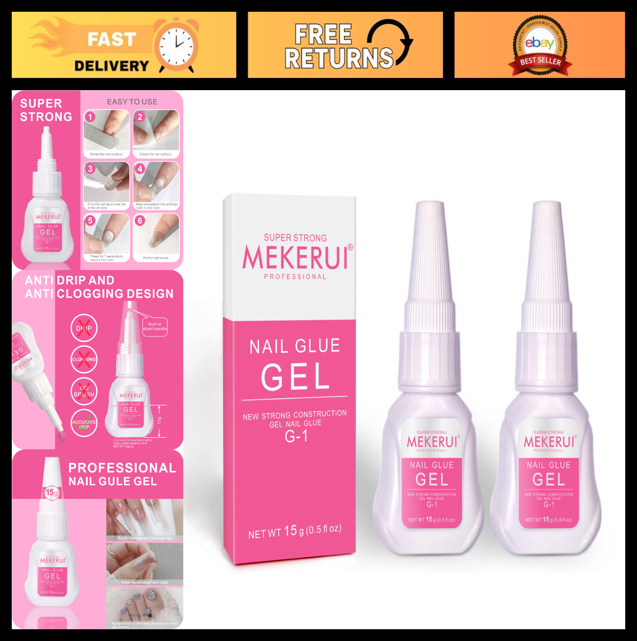 Super Strong Nail Glue Gel 2 Pack – Quick Dry, No UV Needed, Thick Formula for L