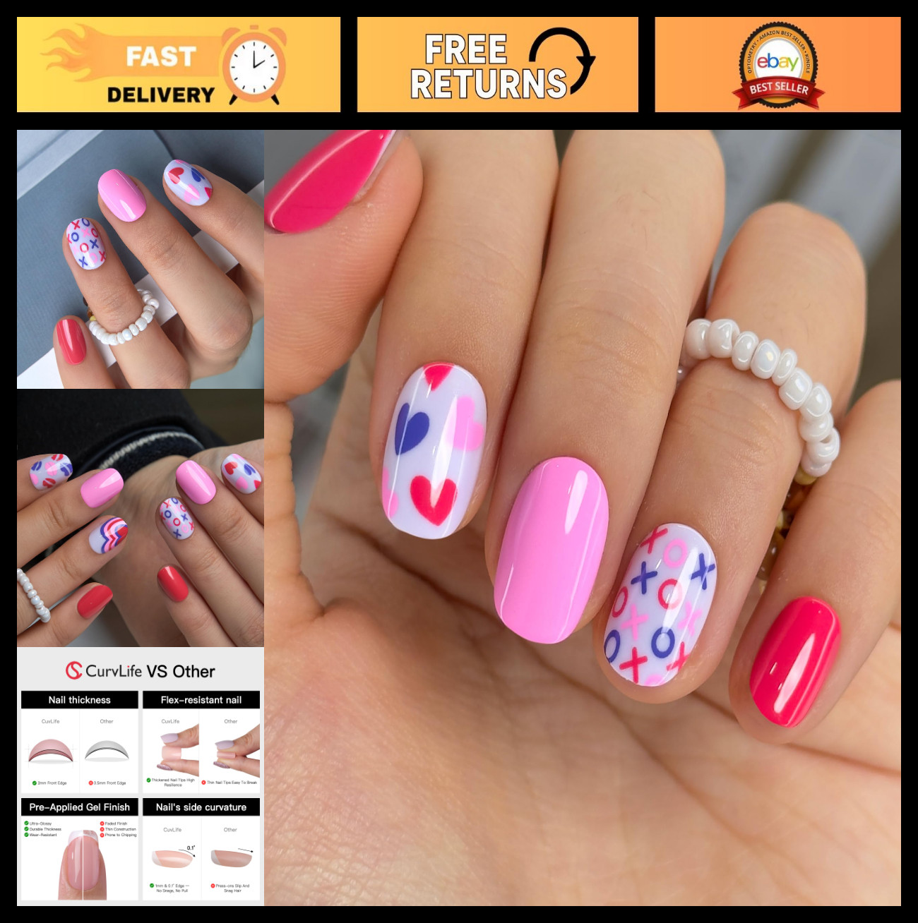 Extra Short Square Press On Nails – Pink Valentine Hearts, Glossy Love Kisses, L