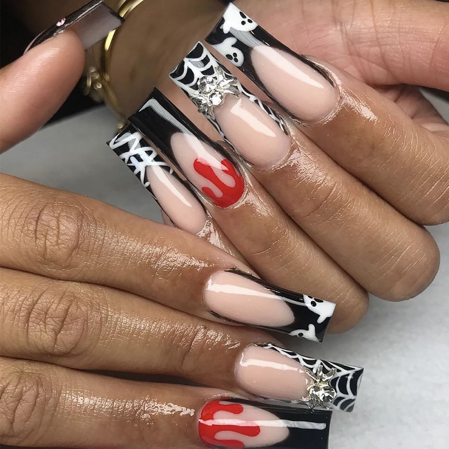 Halloween Press on Nails Long Coffin Fake Nails French Tip Black Acrylic Nail…