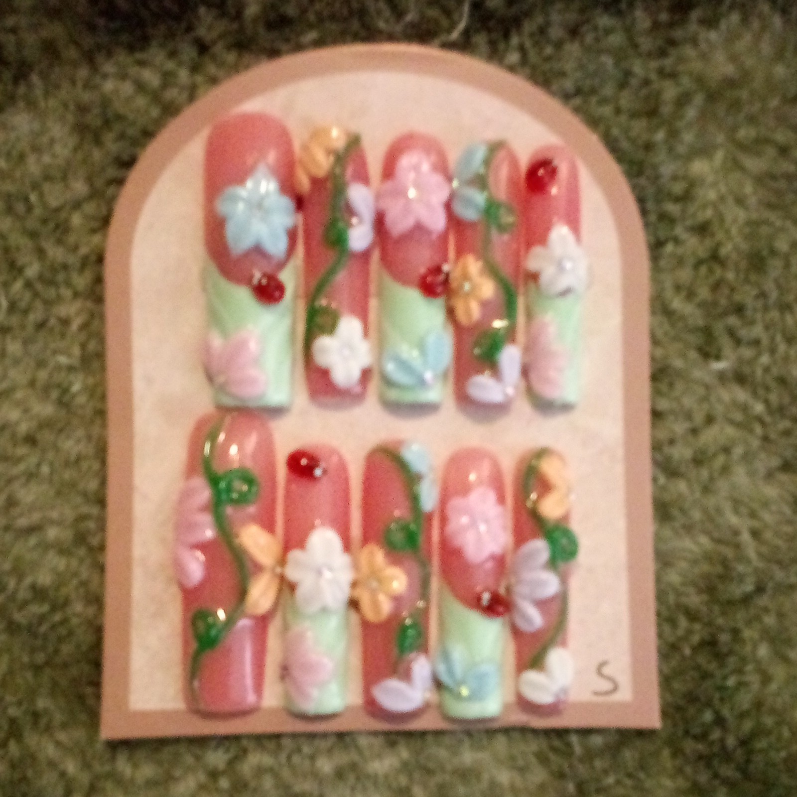 3D Shiny Press-On Nails Pink Green Multicolor Long Coffin Flower Full Cover