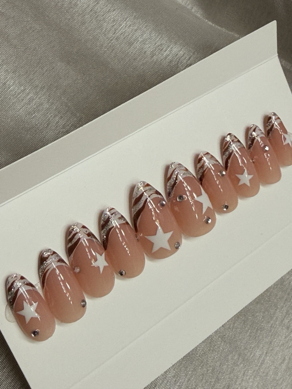 🎀 CUSTOM Hard Gel Press On False Nails French ZEBRA 10p Set Medium Almond W Kit