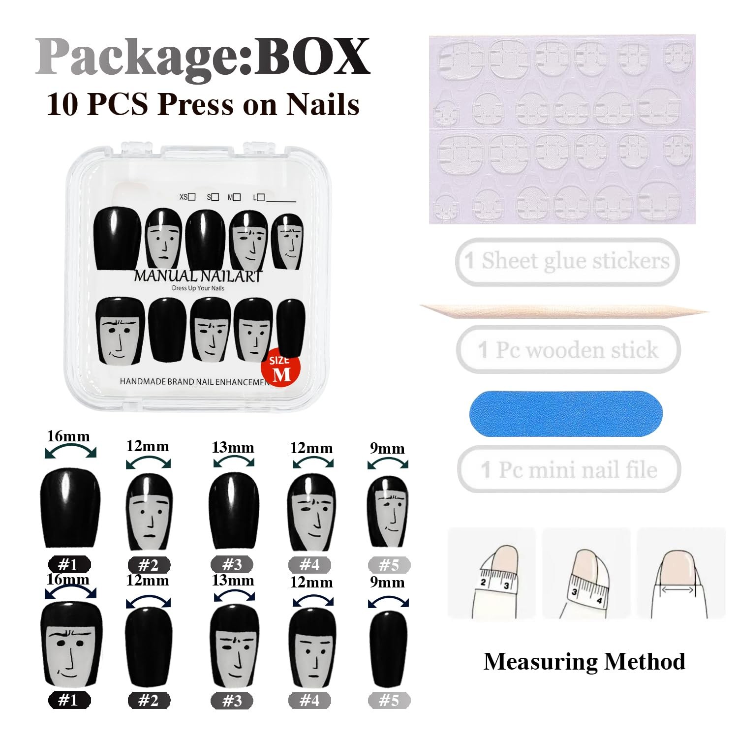 GREENTEA Handmade Nail Artistic Design Press-On Nails, Black and White Cartoo…