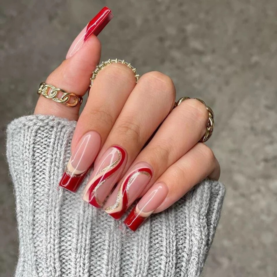 24 Nude Red swirl press on nails kit glue wavy lava design gold