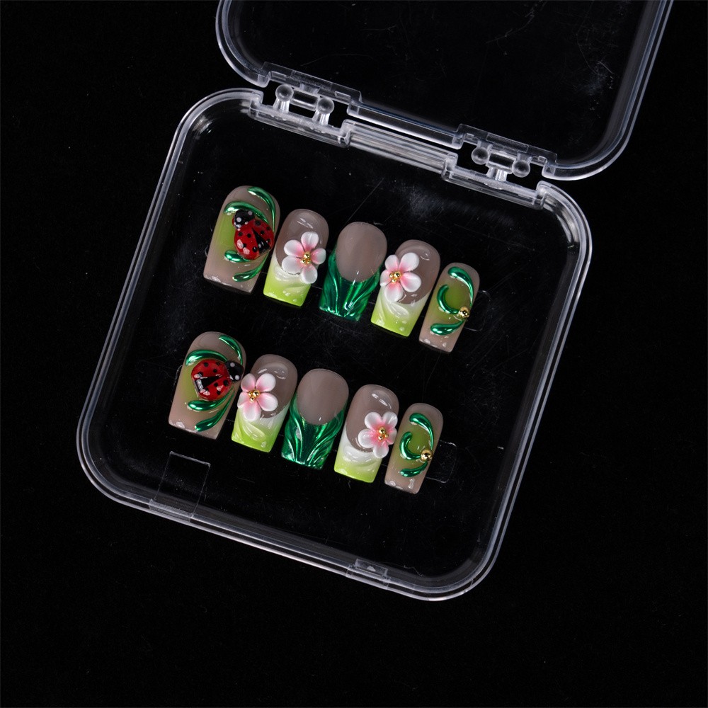 Kawaii Handmade Green Floral Press On Nail Short Square Shape for Daily Vacation