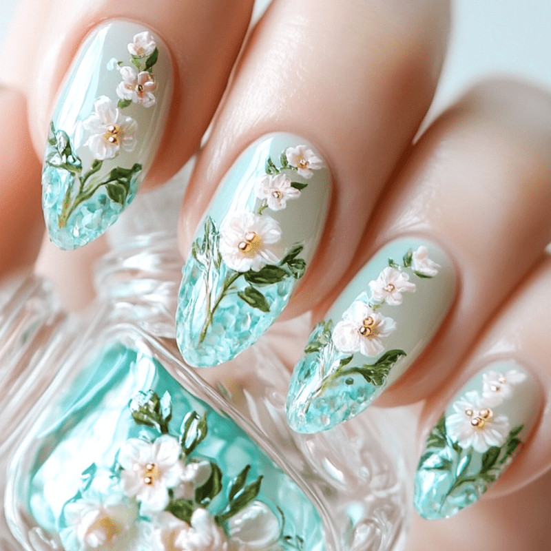 48Pcs Almond Mint Green 3D Floral Press on Nails Sweet Elegant Daily Dating Wear
