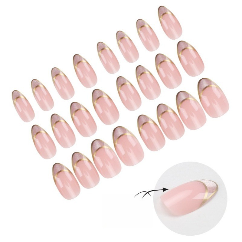 48pcs-Elegant Nude Nails, Almond with Silver Glitter French Tips and Gold Line