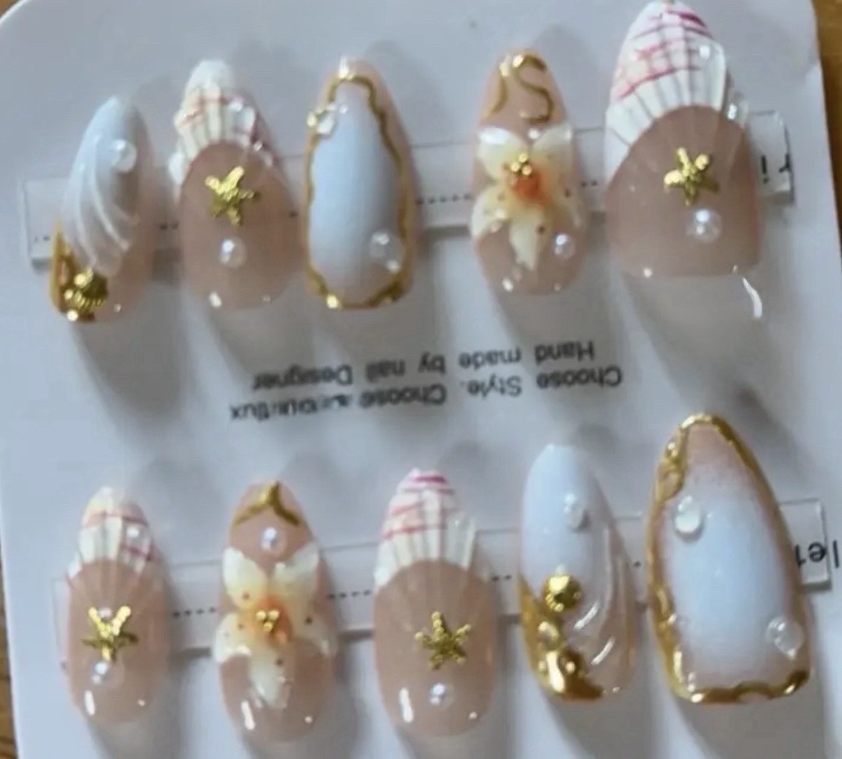 Handmade by me Press-On Nails Beige White Gold 3D Floral Full Cover Designed