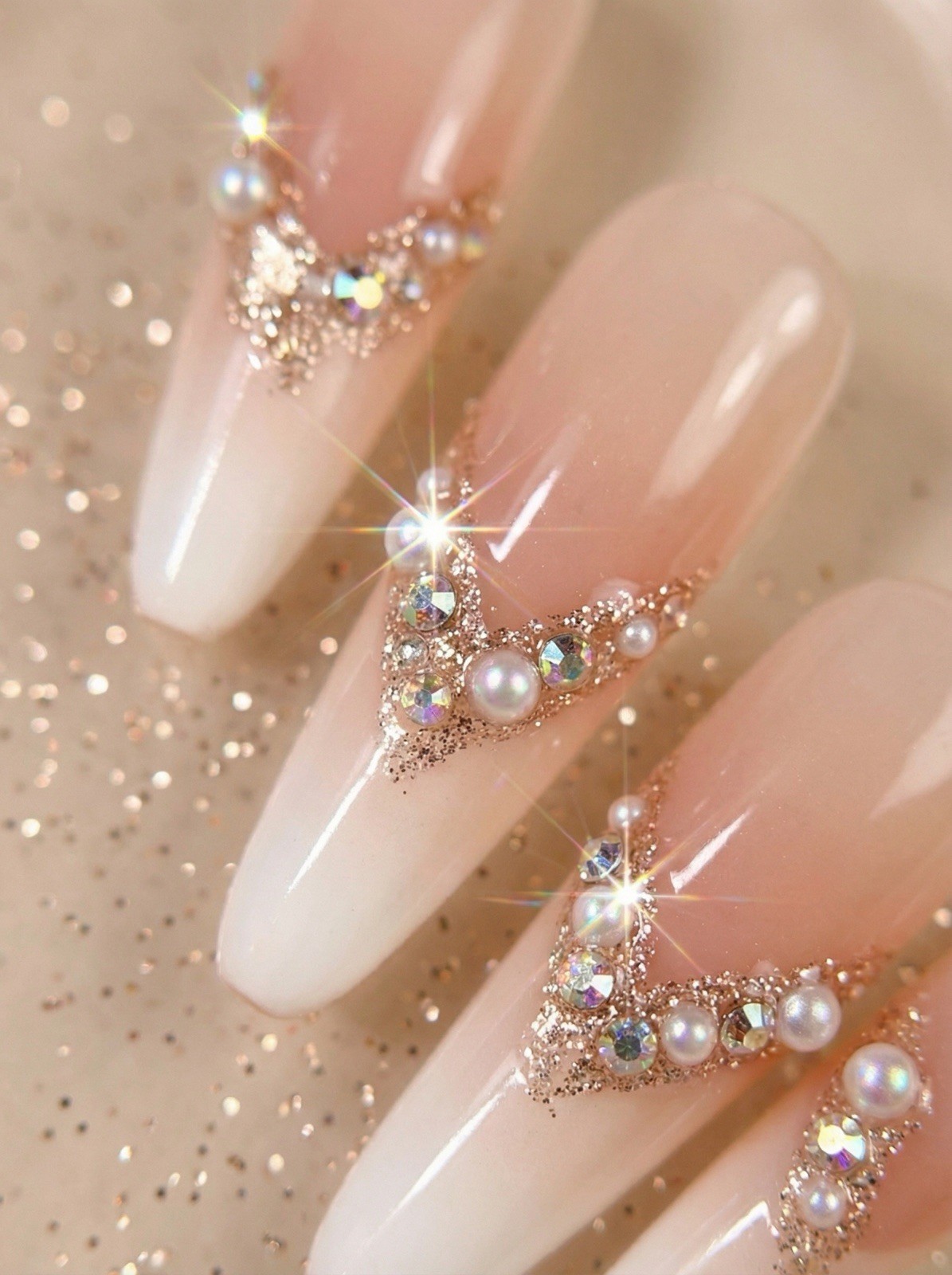 Bride’s Dream Wed01, Handmade Press On Nails, Nude Gradient Stiletto Nails