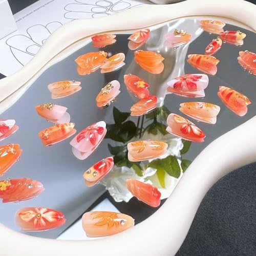 30Pcs Fall Press on Nails Medium Almond White French Tip Fall Flower Nails-14