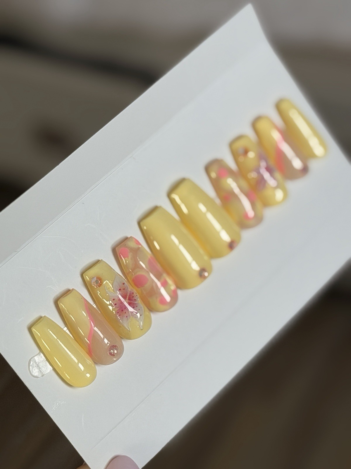 ✨ CUSTOM Press On Nails YELLOW PINK FLOWER BLING Flower 10p SET W Kit