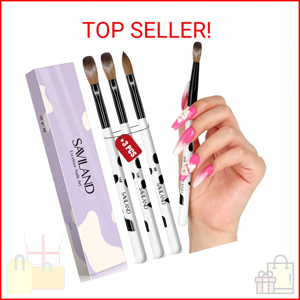 Saviland 3pcs Acrylic Nail Brush Set, Size 8/10/14 Kolinsky Acrylic Nail Brushes