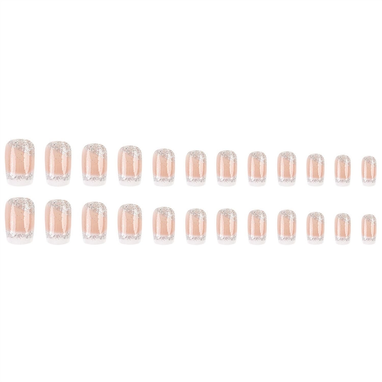 Medium Press on Nails Square Fake Nails French Tips Nails Press Ons Silver Gl…