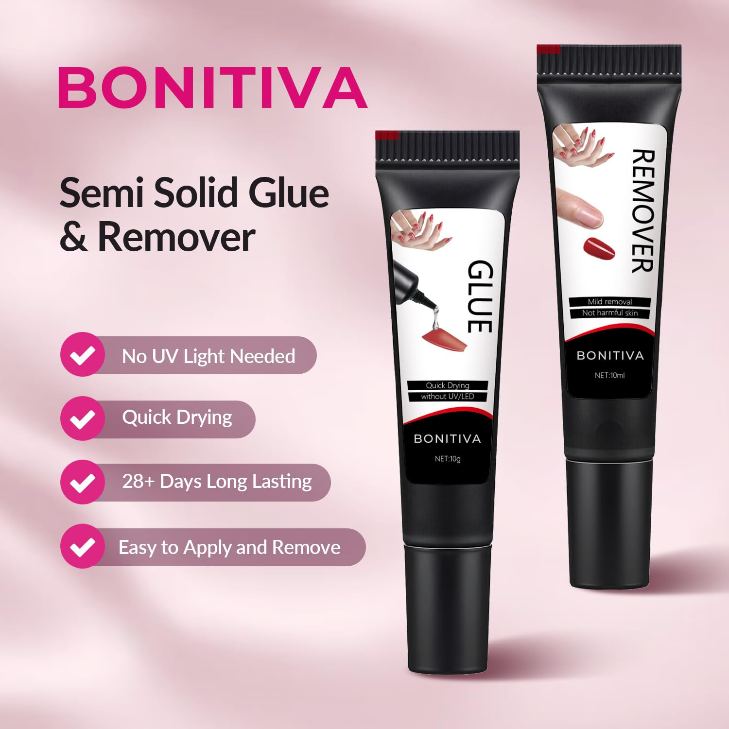 Quick Dry Semi Solid Gel Nail Glue 10G with 10Ml Remover, Super Strong, No UV La