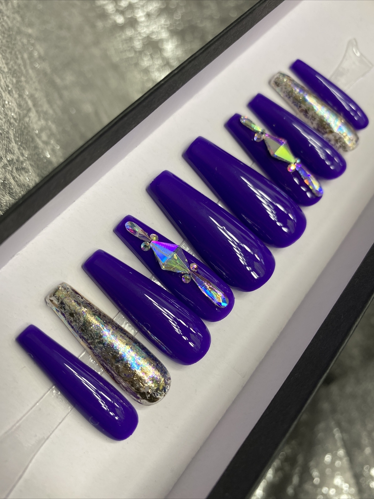 Luxury Gel Press On Nails,Marine W Bling , Long Coffin, 10p Nail Set W/ kit