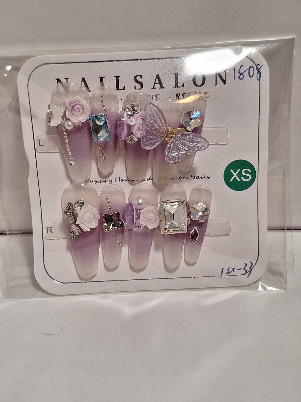 XS Press-On Nails Purple White 3D Shiny Butterfly Flower Sparkle