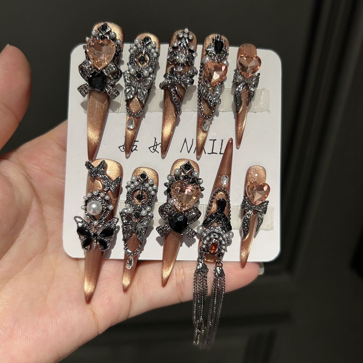 Dusk Handmade Cat Eye Rose Nails Shiny Dark Retro Luxury Design