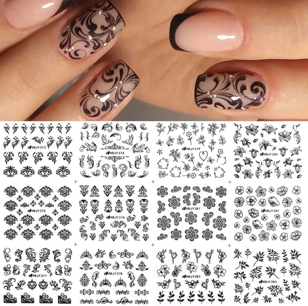 Black Flowers Nail Stickers, Floral Nail Art Decal 3D Self-Adhesive Lace Retr…