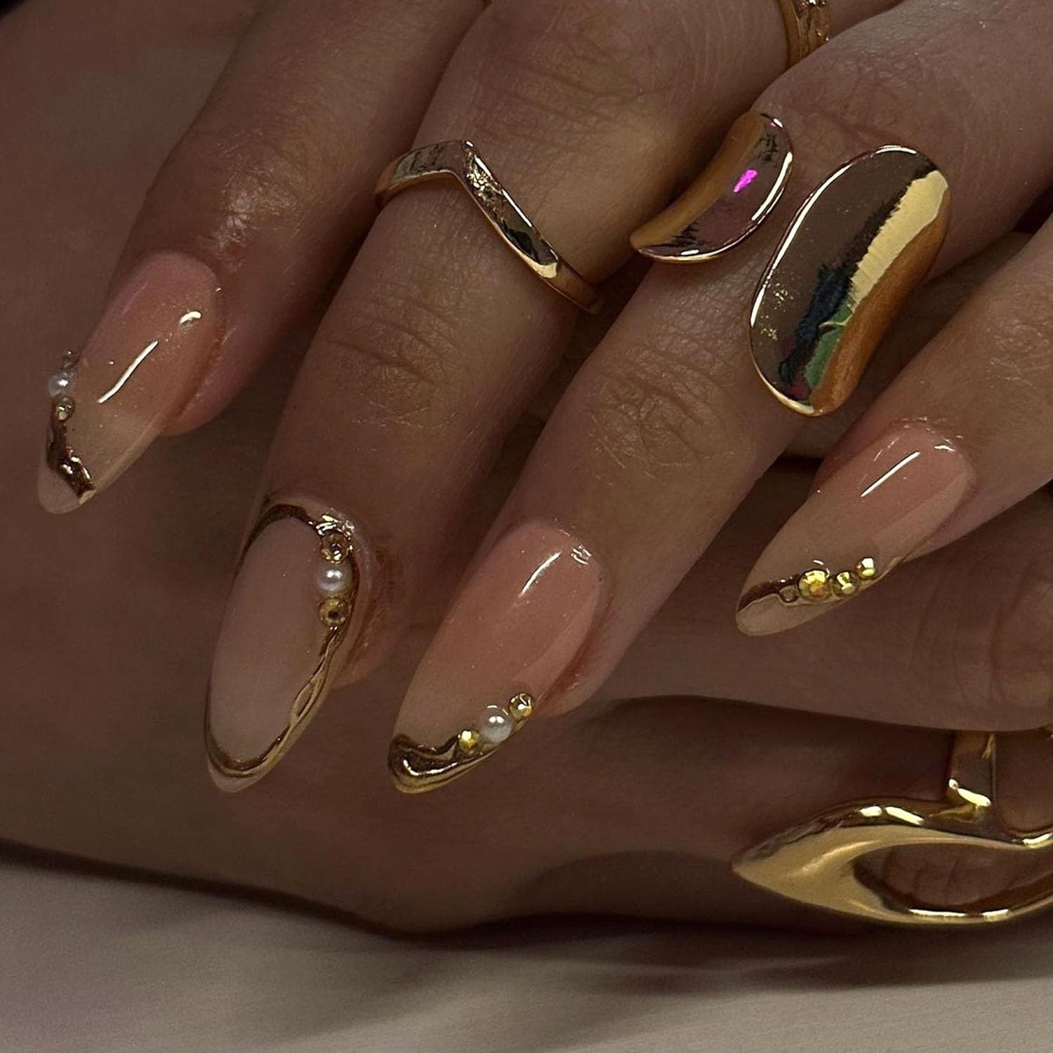 Almond Press on Nails Medium Glue Gold French Fake Medium, Gold-2