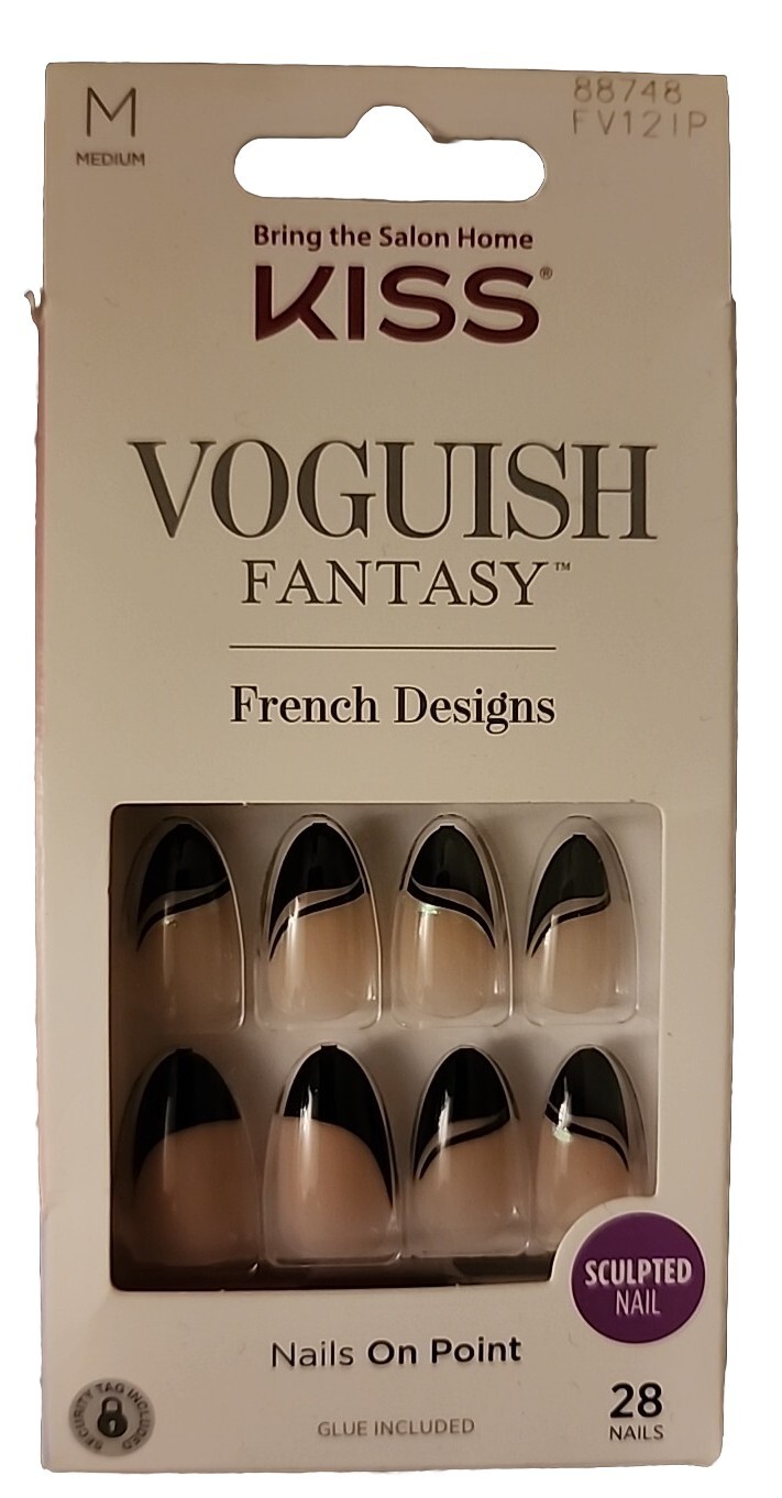 KISS-VOGUISH-FANTASY-FRENCH DESIGNS-88748 FV12-MEDIUM LENGTH-BLACK TIP/NEW/BOXED