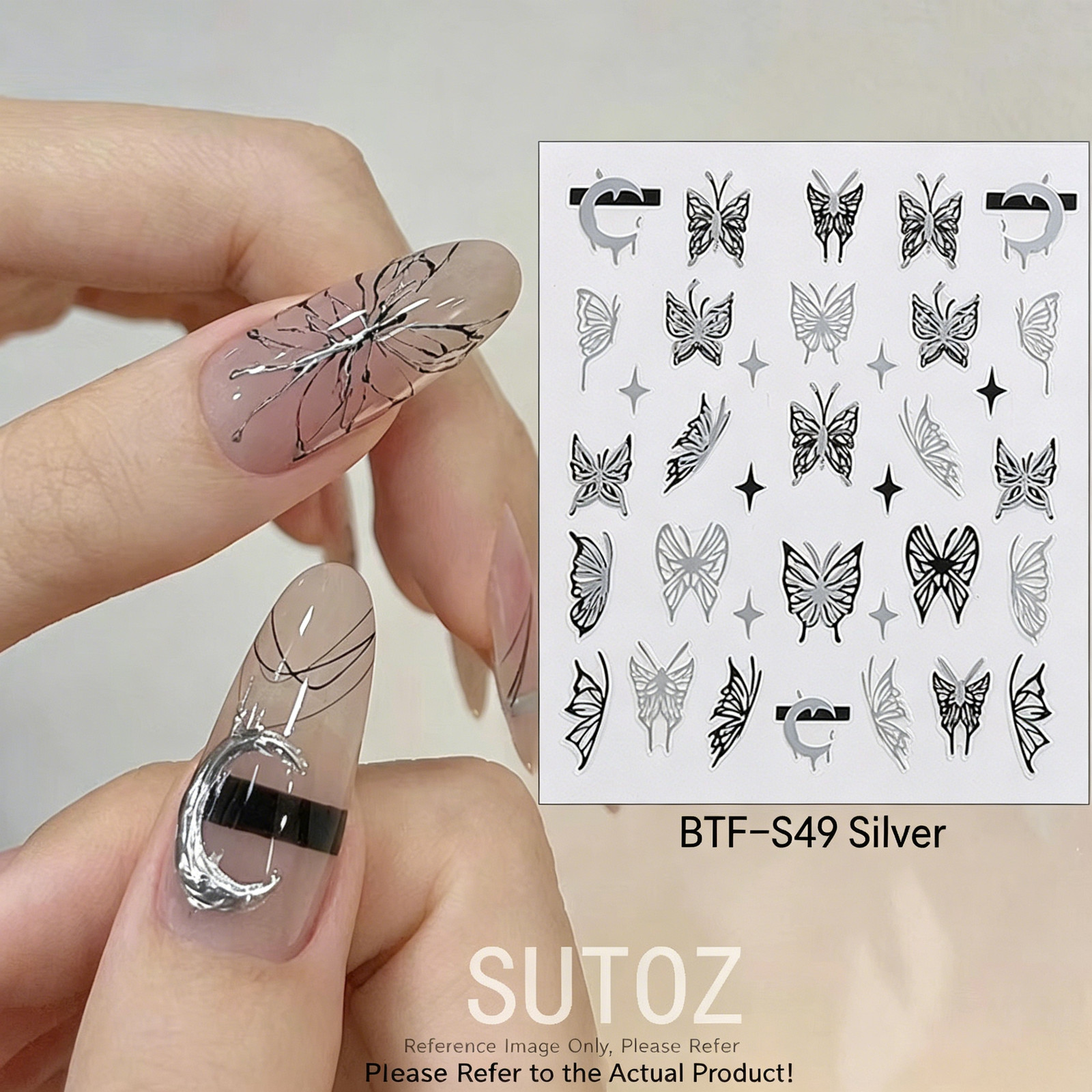 Y2K Nail Stickers, Cool Metallic Liquid Four-Pointed Star, Heart, Moon & Star, S