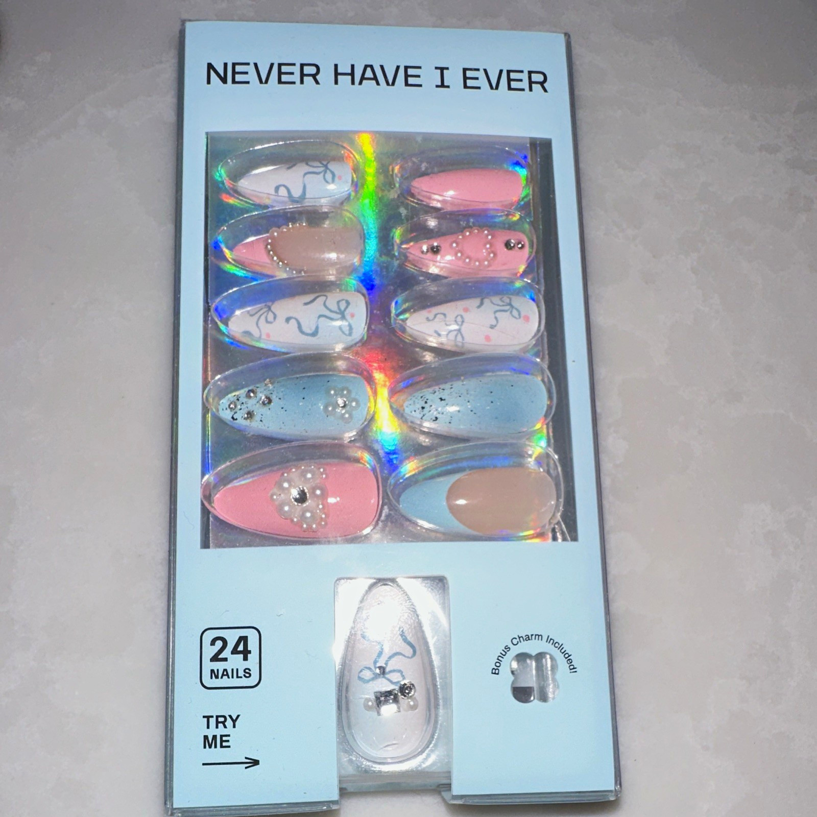 Never Have I Ever Press-On Nails 24pc Long Oval Glitter ABS Multicolor