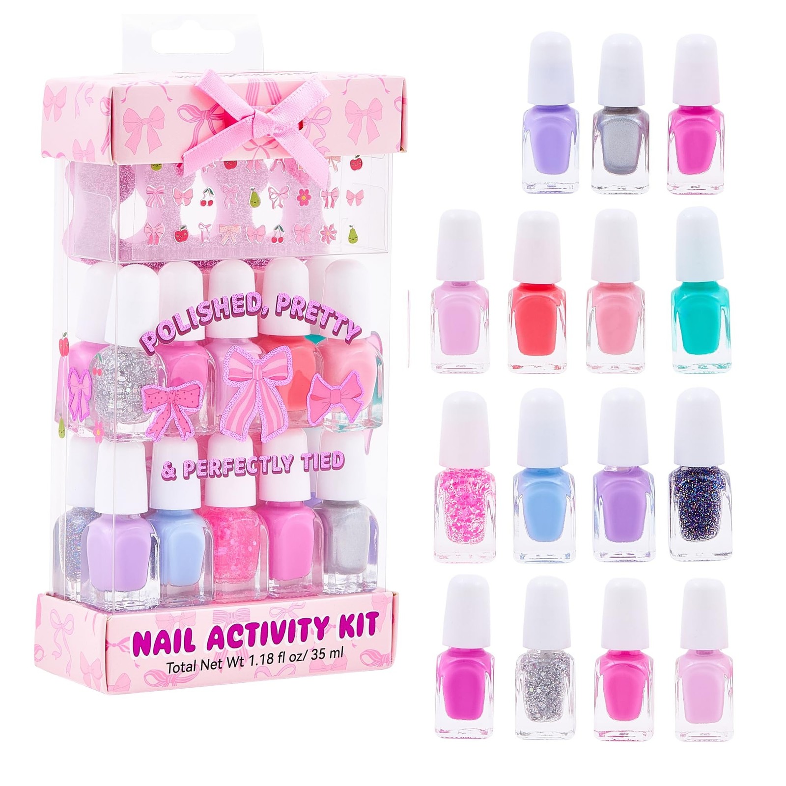 SIMPLE PLEASURES Pink Bow Kids Nail Polish Set for Girls – 14 Water-Based