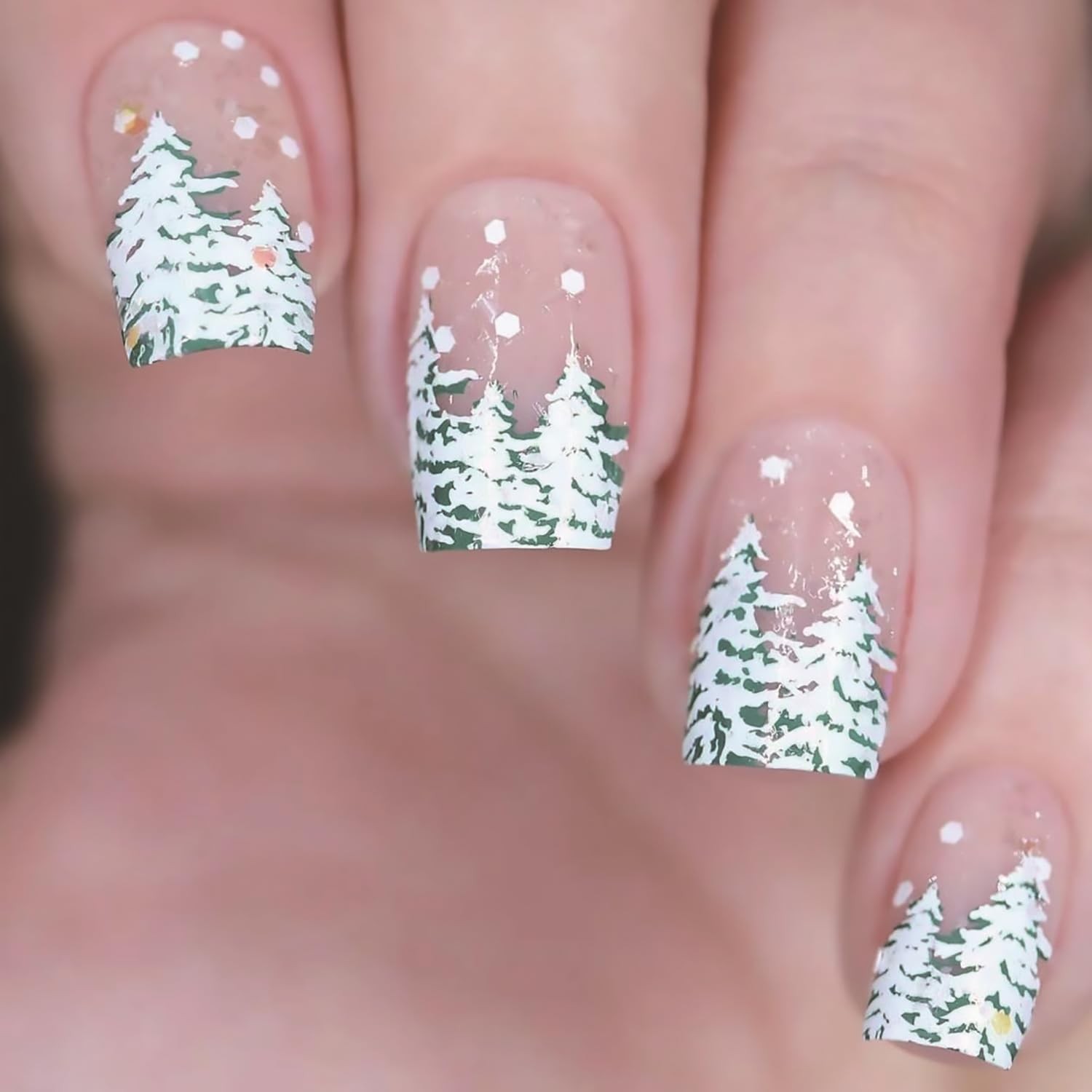 Christmas Press on Nails Short Square Fake Nails Christmas Tree French Tip Fa…