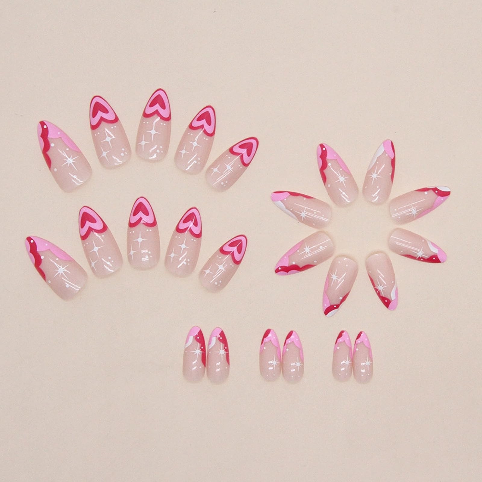 Almond Pink Heart French Glue on Stiletto Acrylic Nails 24Pcs Artificial Nail…