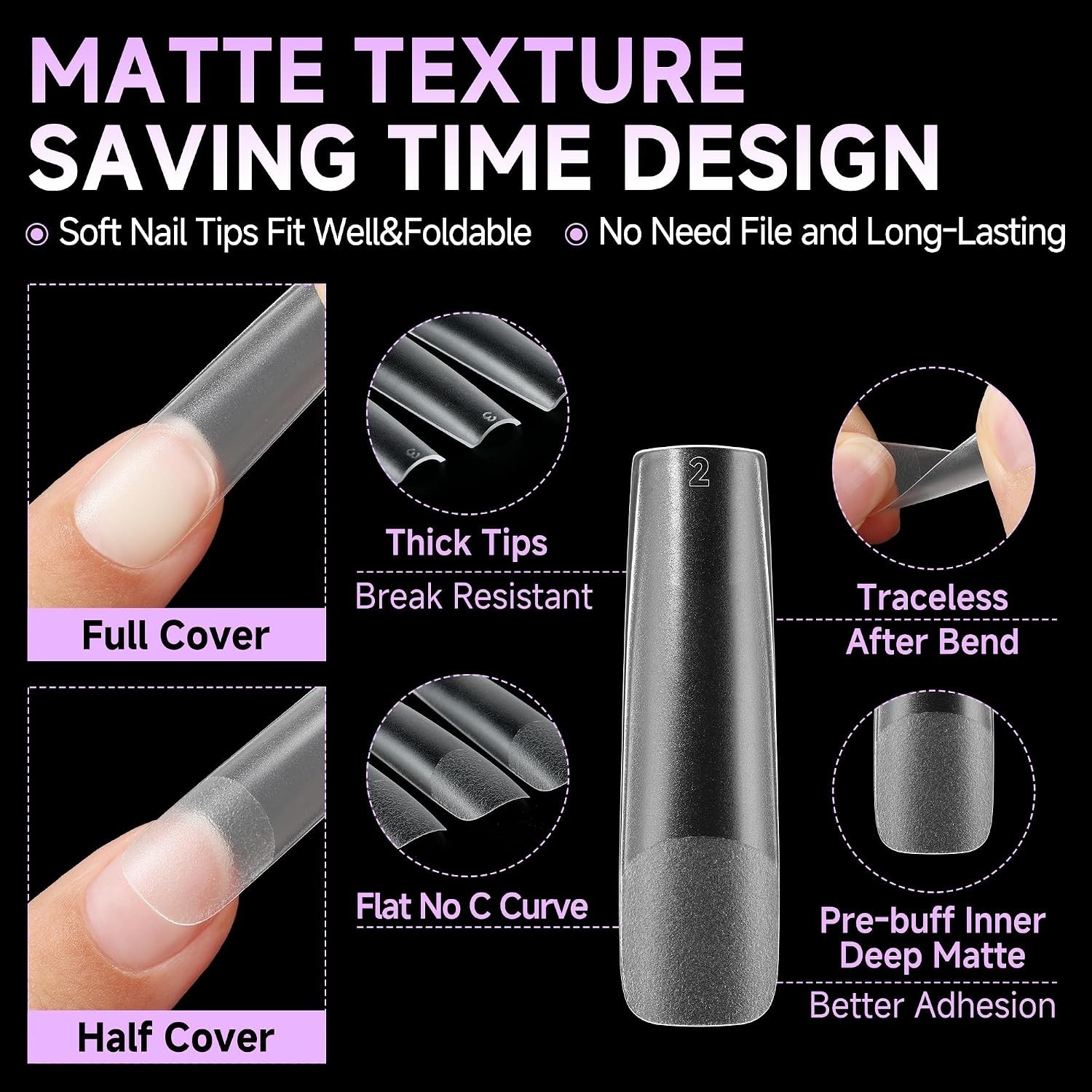 216pcs XXL Extra Long Square Nail Tips – No File, Full Cover Matte Gel