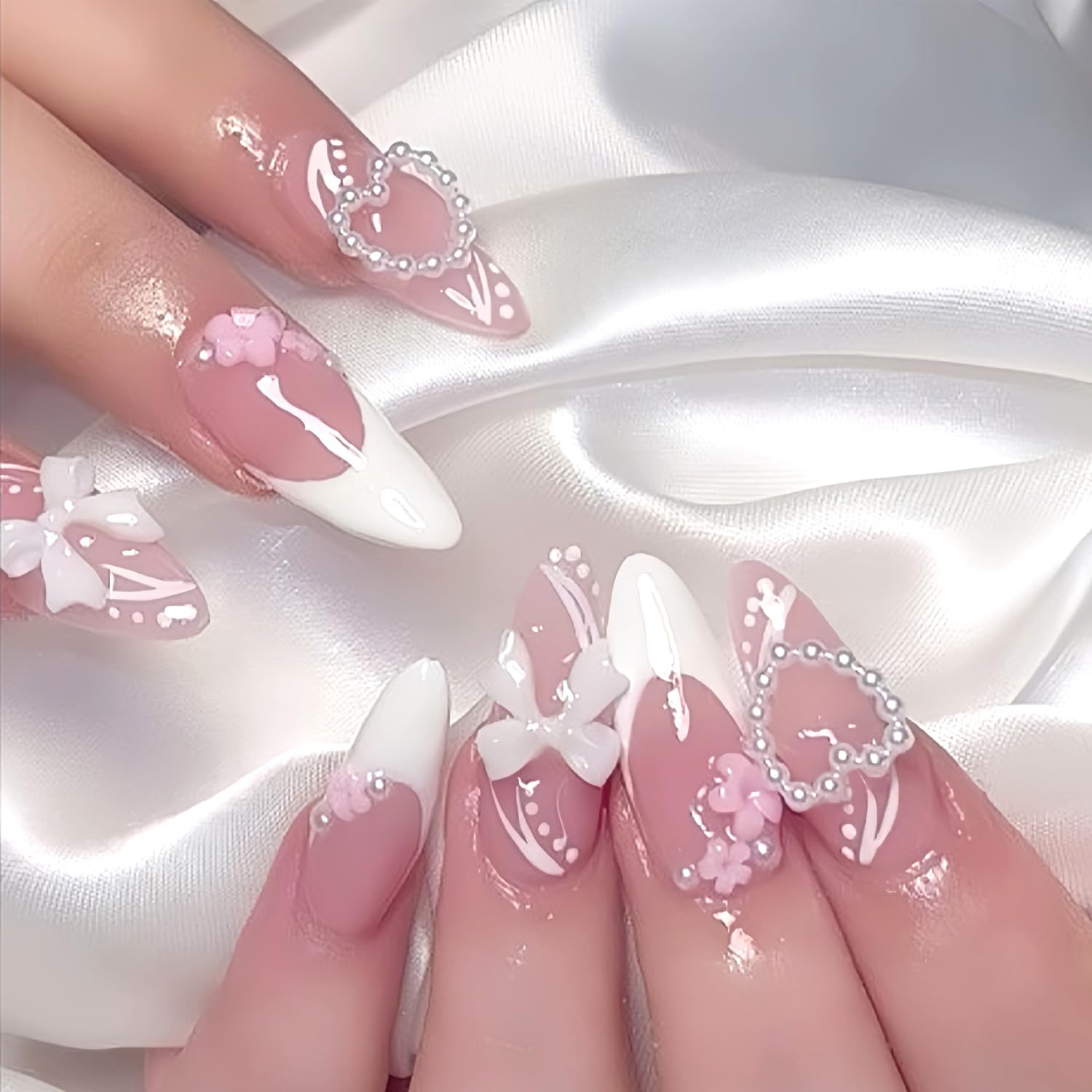 24Pcs Nude Pink Press on Nails Solid Color Short round Fake Nails 3D Love Bow Ch