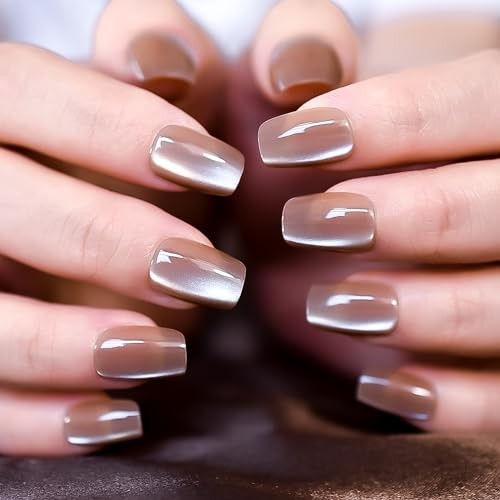 30pcs Ombre Press On Nails Coffin Squoval Medium Fake Nails Women Girls Brown