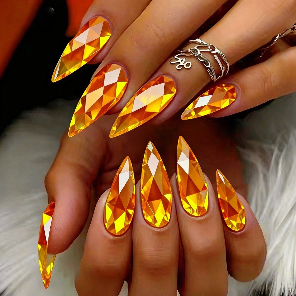 24pcs Gold Diamond-Cut Stiletto Press-On Nails, Luxe for Weddings & Parties