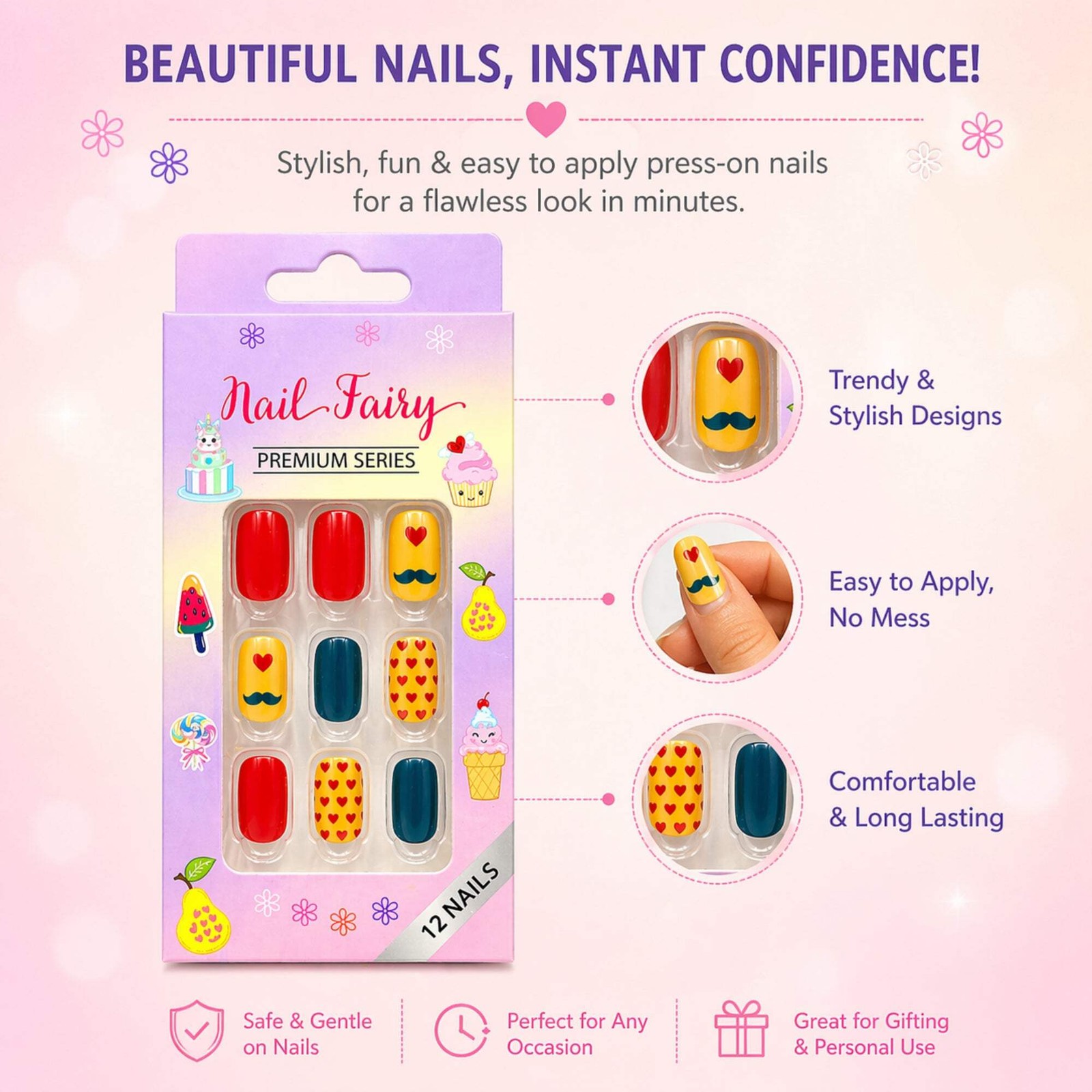 12 Pieces Kids Press On Nails Set Cute Reusable Designs