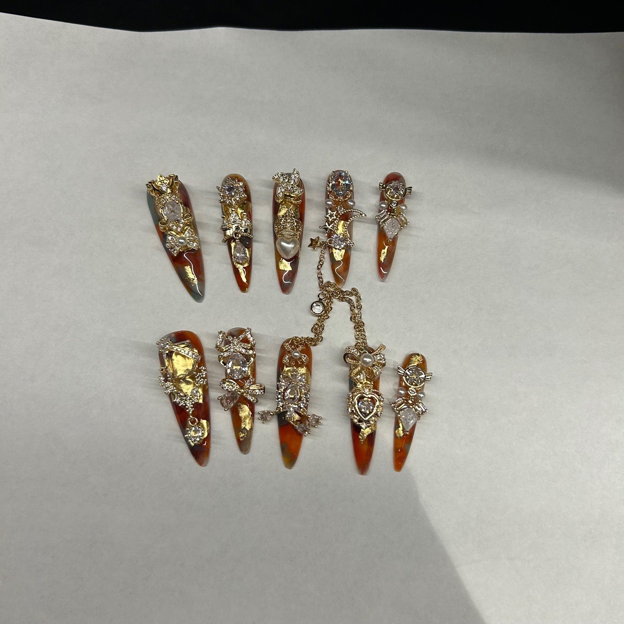 Amber Handmade Press On Nails Full Zircon Design