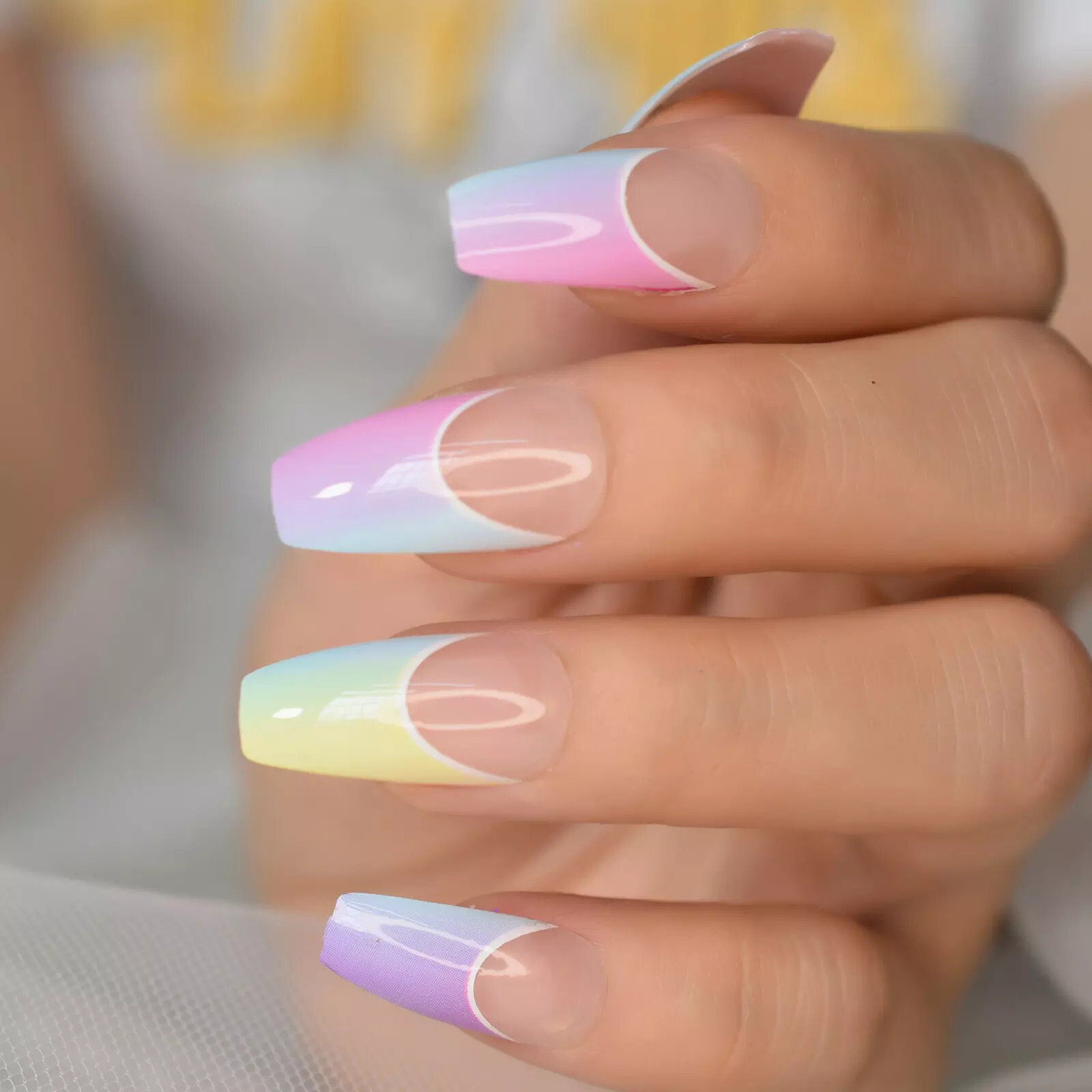 Colorful French Ombre Medium Coffin Press On Nails, Glue On False Set 24 pcs Kit