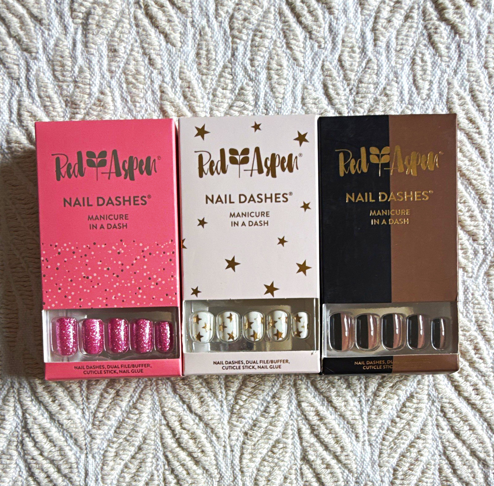 3 Red Aspen Nail Dashes Press-On Nails Pink, Stars, Black & Brown Glue Included
