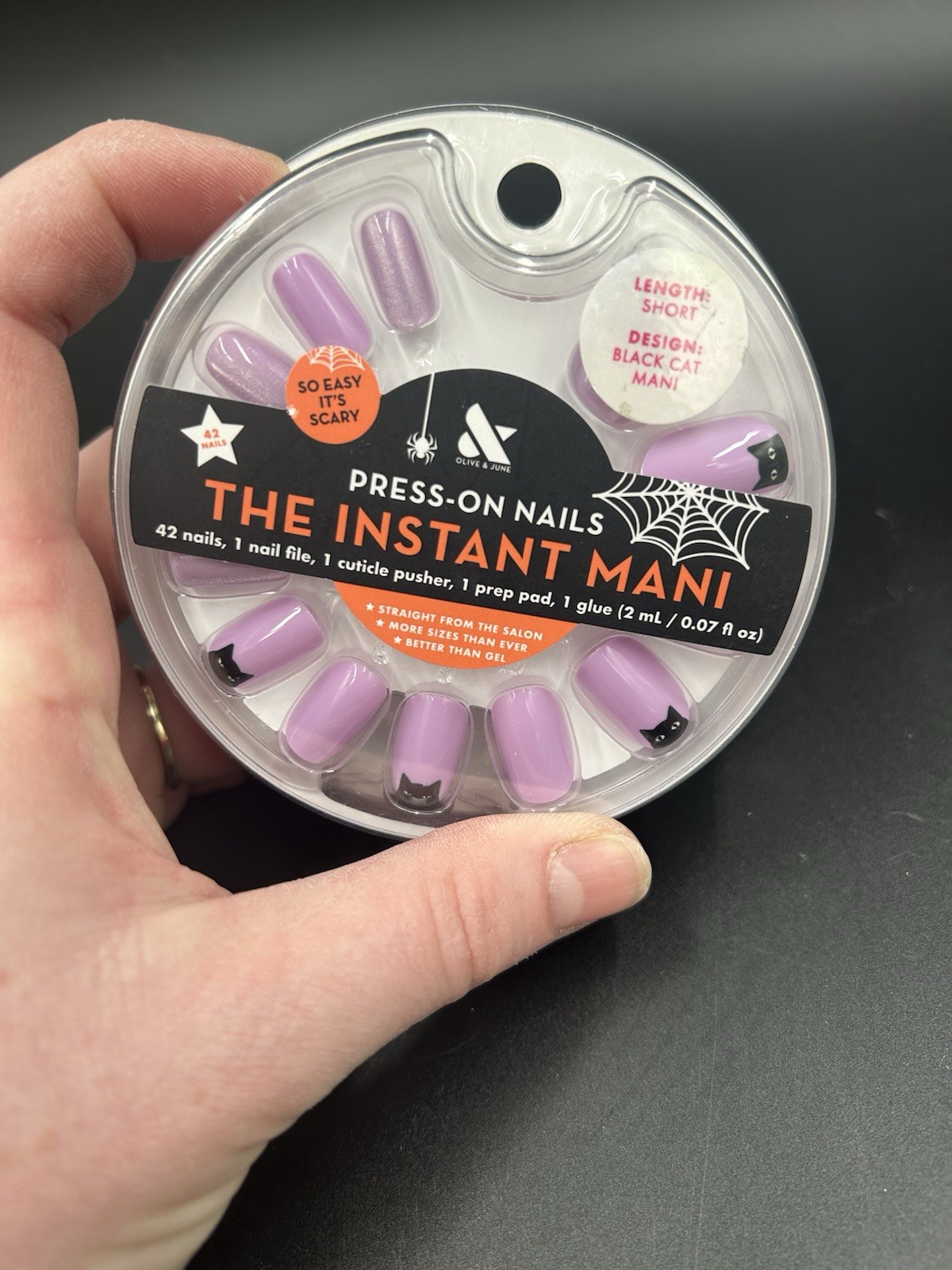 Olive & June Press On Nails The Super Stick Mani Short Purple Black Cat